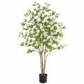 Albero artificiale fiorito 180 cm in plastica e tessuto con vaso nero per interni