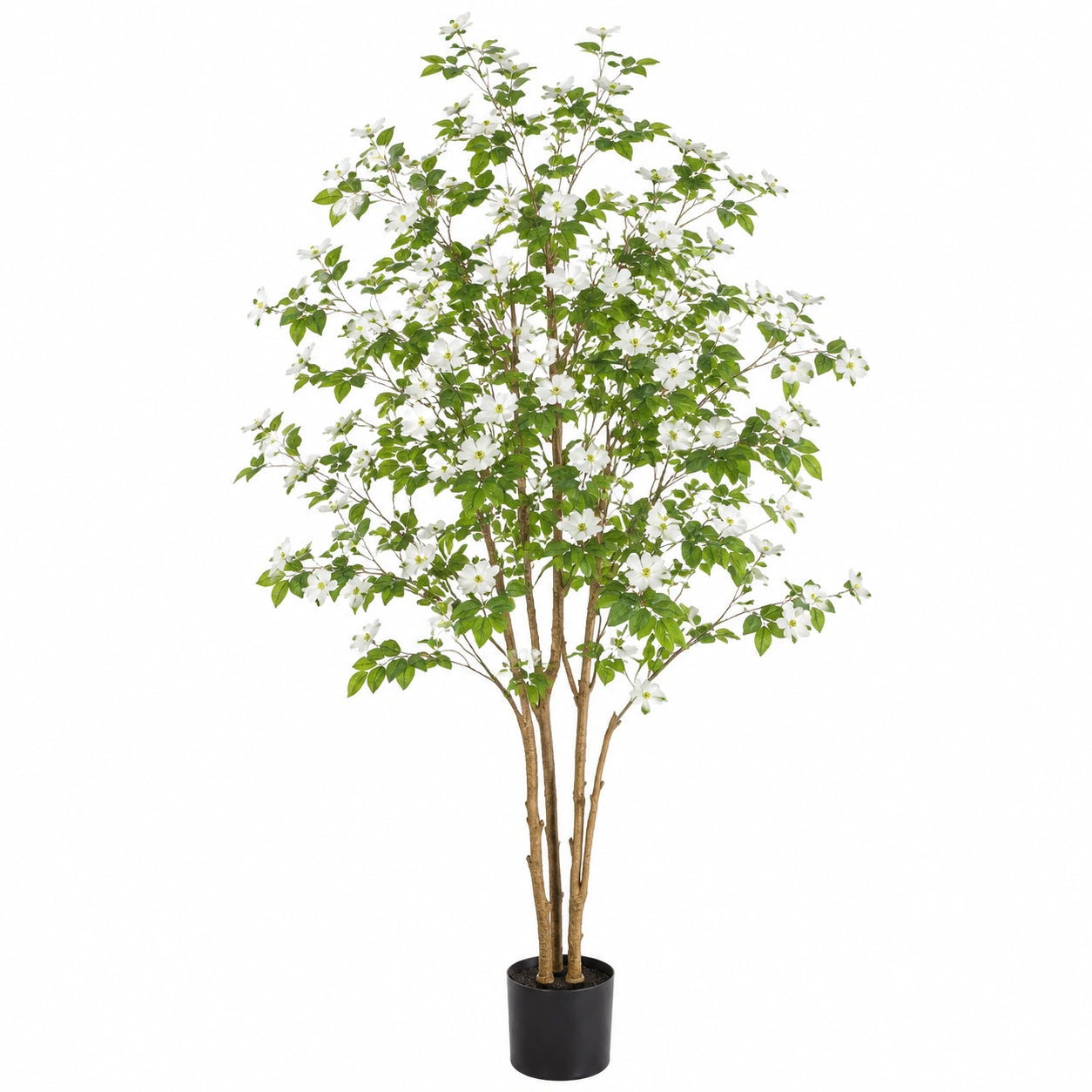 Albero artificiale fiorito 180 cm in plastica e tessuto con vaso nero per interni