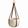 Vaso sospeso 20 cm in ceramica beige con cinghie marroni per piante da interno