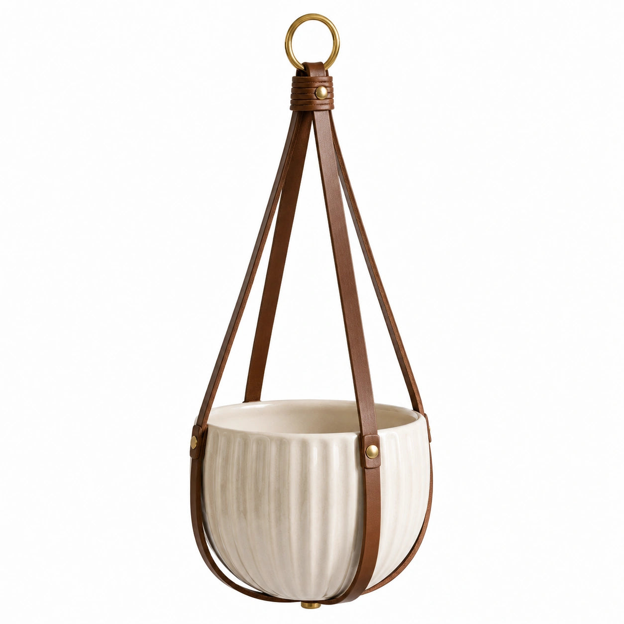 Vaso sospeso 20 cm in ceramica beige con cinghie marroni per piante da interno