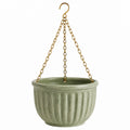 Vaso sospeso Ø20 x H16 cm in ceramica verde con catene dorate per piante - stile scanalato
