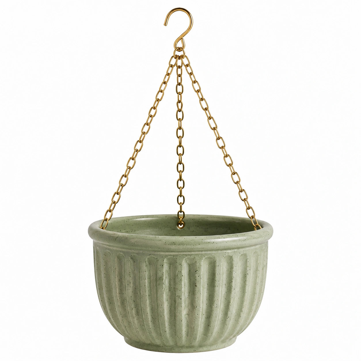 Vaso sospeso Ø20 x H16 cm in ceramica verde con catene dorate per piante - stile scanalato