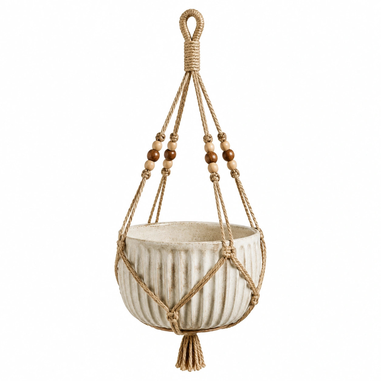 Vaso sospeso Ø16 cm in ceramica beige con corda intrecciata stile boho