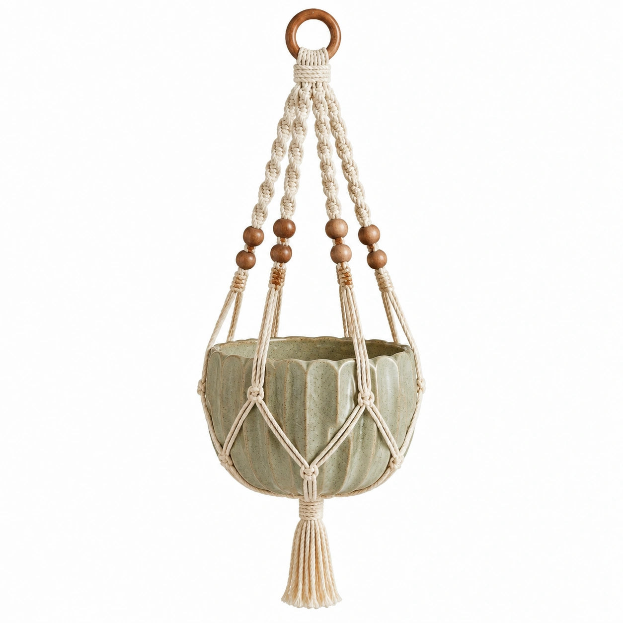 Vaso sospeso Ø18 cm in ceramica verde con corda in cotone stile boho