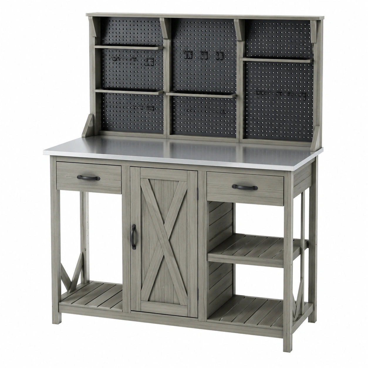 Banco da giardinaggio 120 x 61 x 183 cm in legno grigio con piano zincato e pannello portautensili