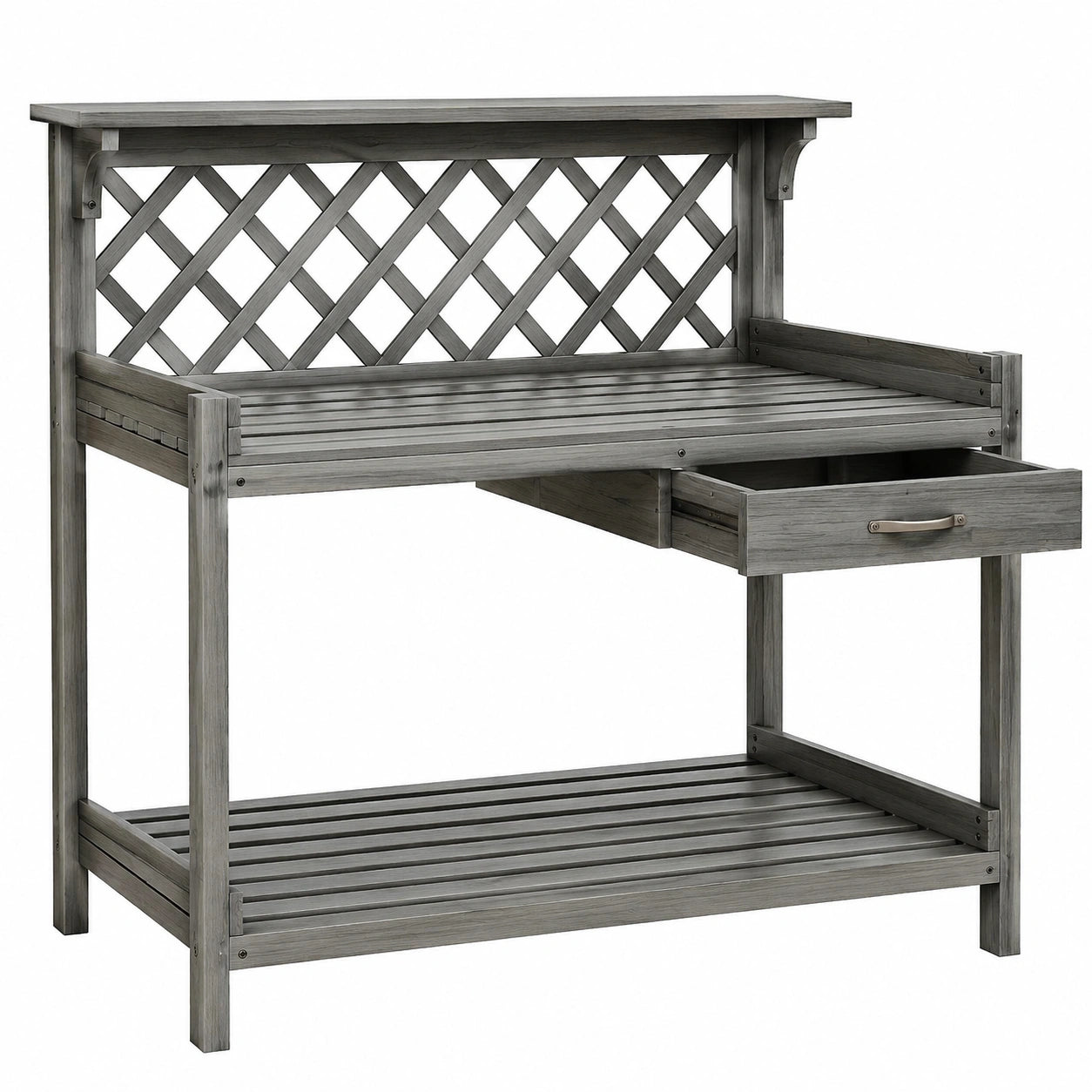 Banco da giardinaggio 98 x 48 x 153 cm in legno grigio con cassetto e ripiano
