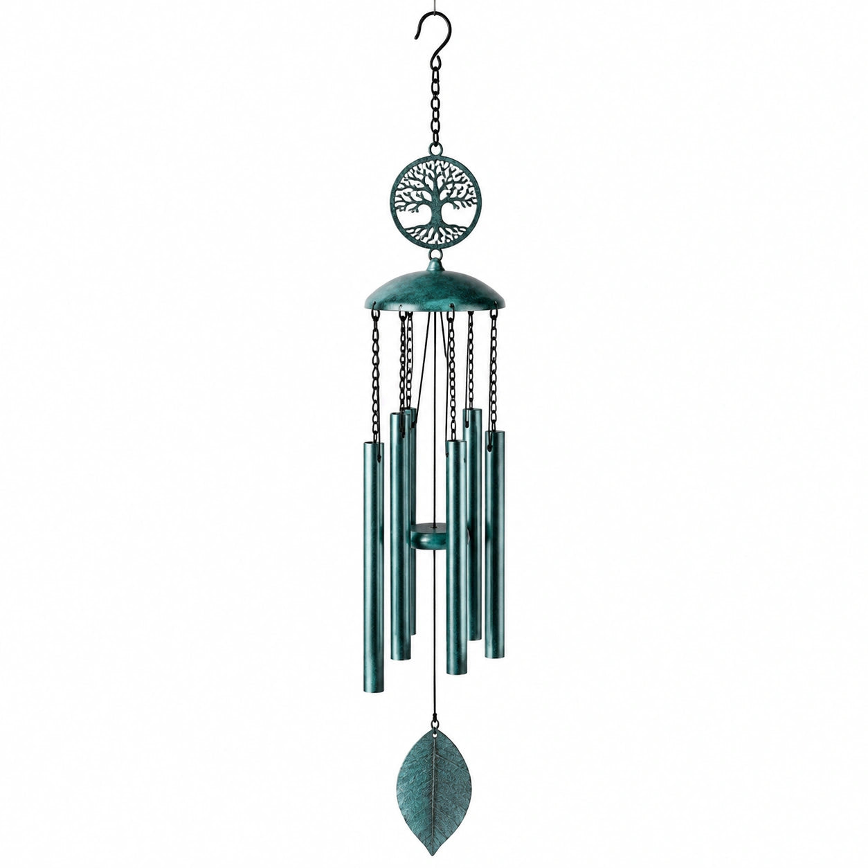 Campanella a vento 85 cm in metallo verde con tubi sonori e albero decorativo