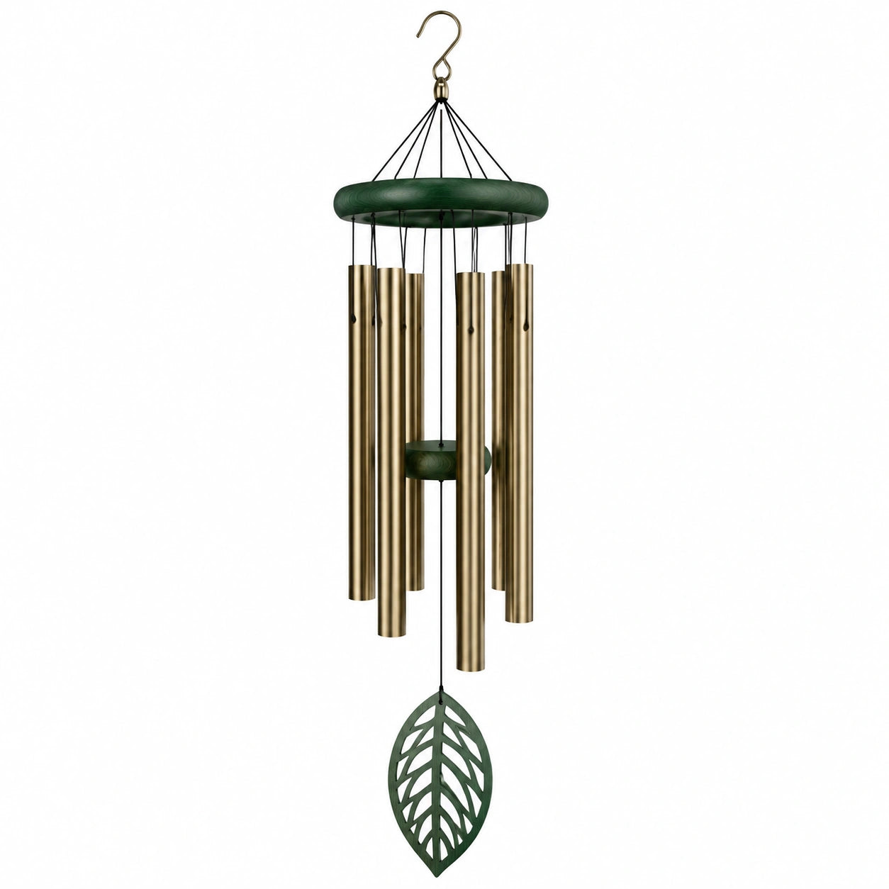 Campanella a vento 90 cm in metallo e legno verde oro con tubi sonori decorativi