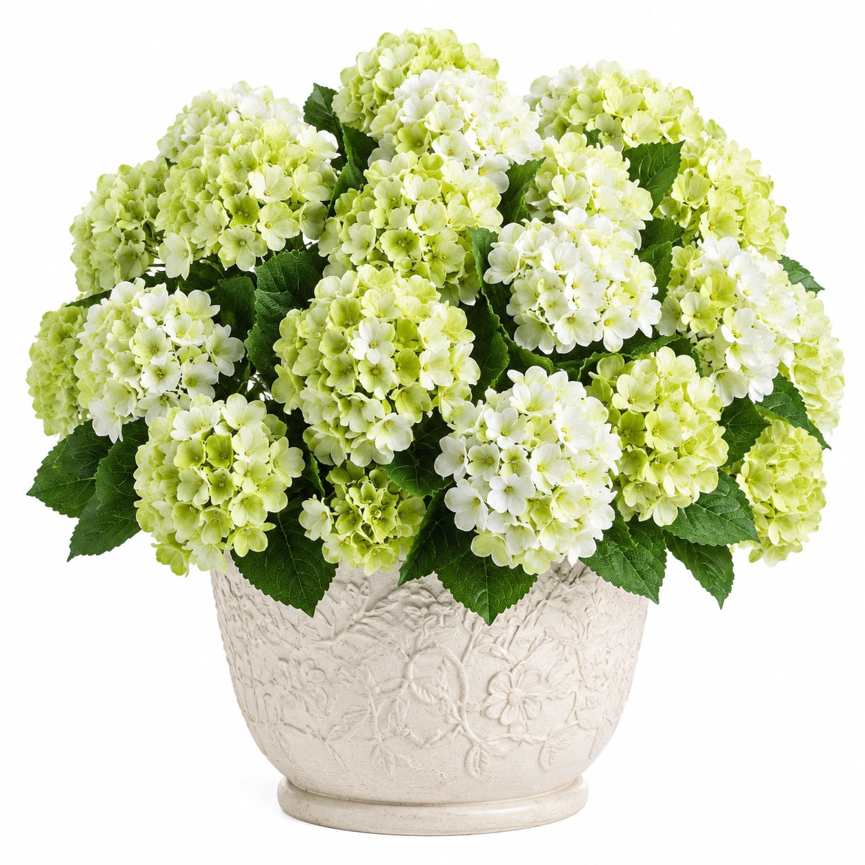 Pianta artificiale di ortensia 55 cm verde e bianco con vaso decorativo per interni