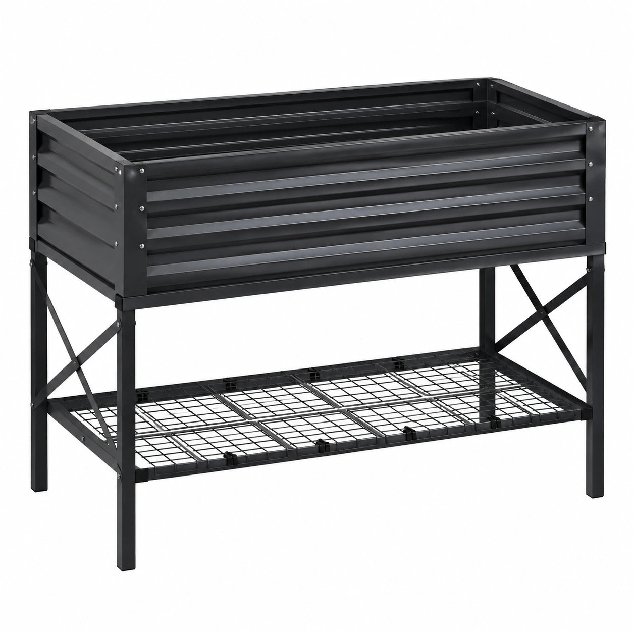 Fioriera rialzata 100 x 50 x 100 cm in metallo nero con ripiano portaoggetti per giardino