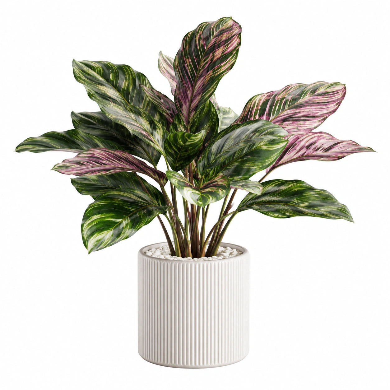 Pianta artificiale in vaso 95 cm foglie verdi e rosa in plastica per interni stile tropicale