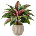 Pianta artificiale in vaso 110 cm foglie sintetiche verde e rosa stile tropicale