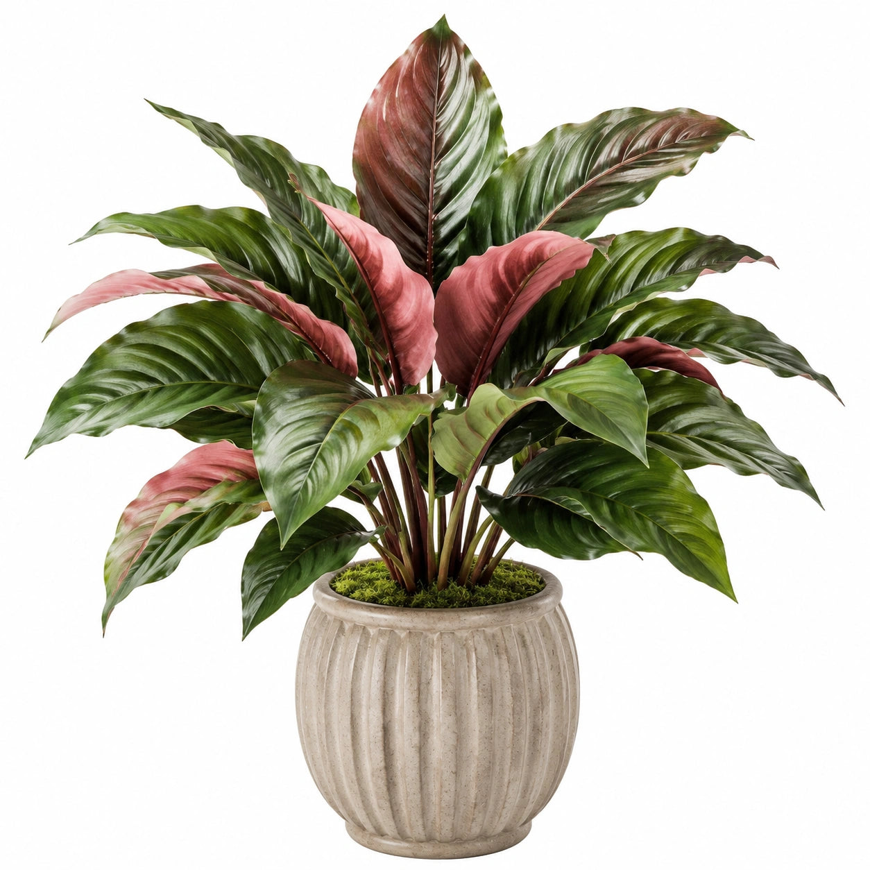 Pianta artificiale in vaso 110 cm foglie sintetiche verde e rosa stile tropicale