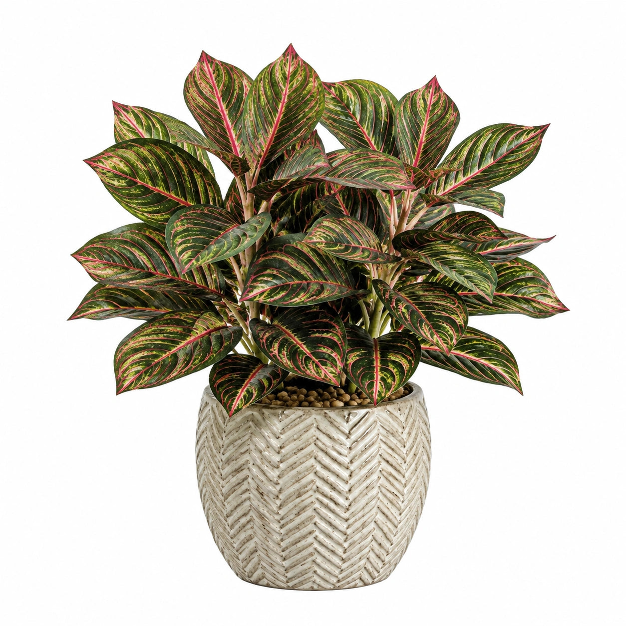Pianta artificiale in vaso 65 cm foglie verdi e rosa in plastica decorativa